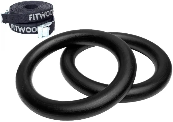 FitWood ULPU MINI Gimnastikos žiedai 28 mm - Juodas paviršius / Juoda dirželiai