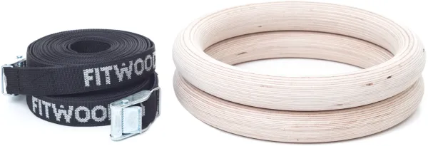 FitWood ULPU Gimnastikos žiedai 28 mm - Medinis paviršius / Juoda dirželiai