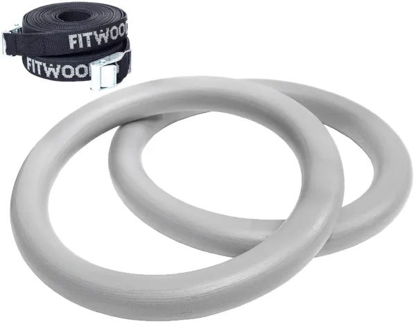 FitWood ULPU Gimnastikos žiedai 28 mm - Pilkas paviršius / Juoda dirželiai