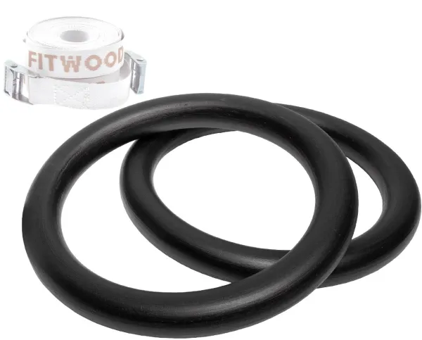 FitWood ULPU Gimnastikos žiedai 28 mm - Juodas paviršius / Balta dirželiai