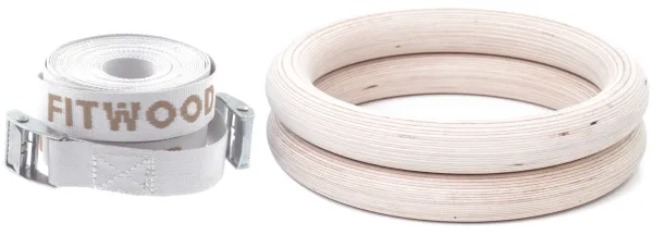 FitWood ULPU Gimnastikos žiedai 28 mm - Medinė apdaila / Balta dirželė