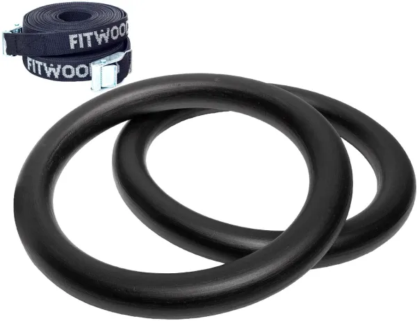 FitWood ULPU Gimnastikos žiedai 28 mm - Juodas paviršius / Juoda dirželiai